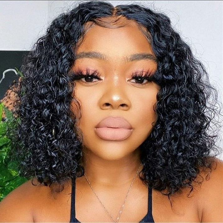 5x5 Closure Swiss Lace Invisible Knots Human Hair Wigs Bob Curly Style