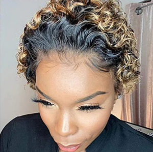 Ombre Honey Blonde Pixie Human Hair Wig Short Bob Curly Style
