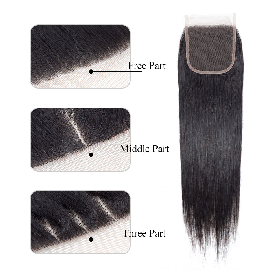 4 x 4 Closure Straight Human Hair Free/Middle/Three Part Lace Closure 8"-22" Natural Color