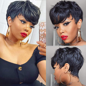 100% Brazillian Virgin Human Hair Pixie Cut with Bangs Natrual Black Color for Black Women Non Lace Beginner Friendly Full Machine Made