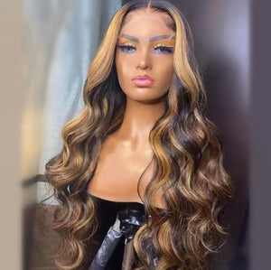 Ombre Honey Blonde #4#27 Loose Wave Human Hair Wig Transparent Lace Frontal Hair