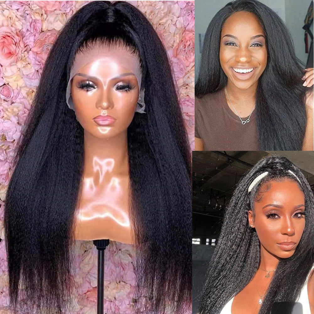 13x4 Transparent Lace Frontal Human Hair Wig Yaki Straight Style Hair Pre-Plucked + Bleach Knots