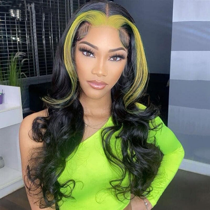 Spring Color ombre Green Loose Wave Human Hair Wig Transparent Lace Frontal Hair
