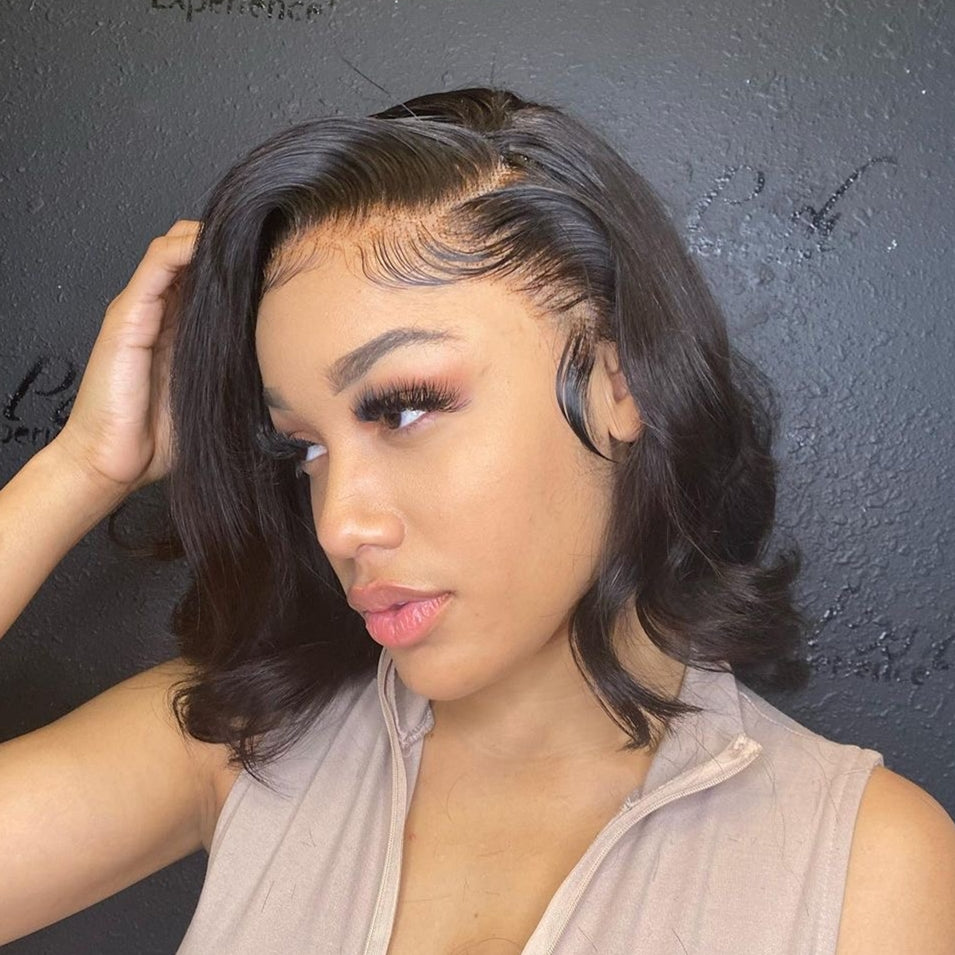 Bleached Knots+ Lace Frontal Human Hair Wig Short Wave Style 180% Density