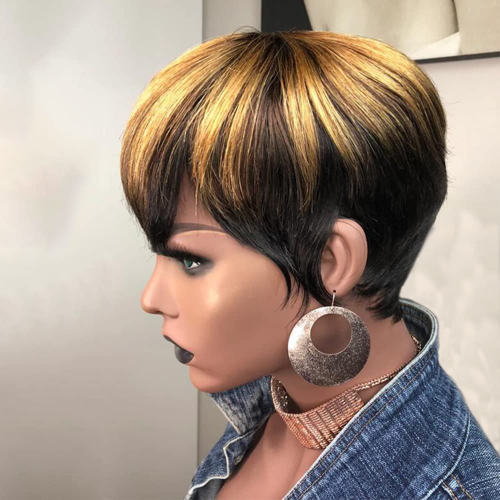 100% Brazillian Virgin Human Hair Pixie Cut with Bangs Ombre Blonde Color for Black Women Non Lace Beginner Friendly Full Machine Made