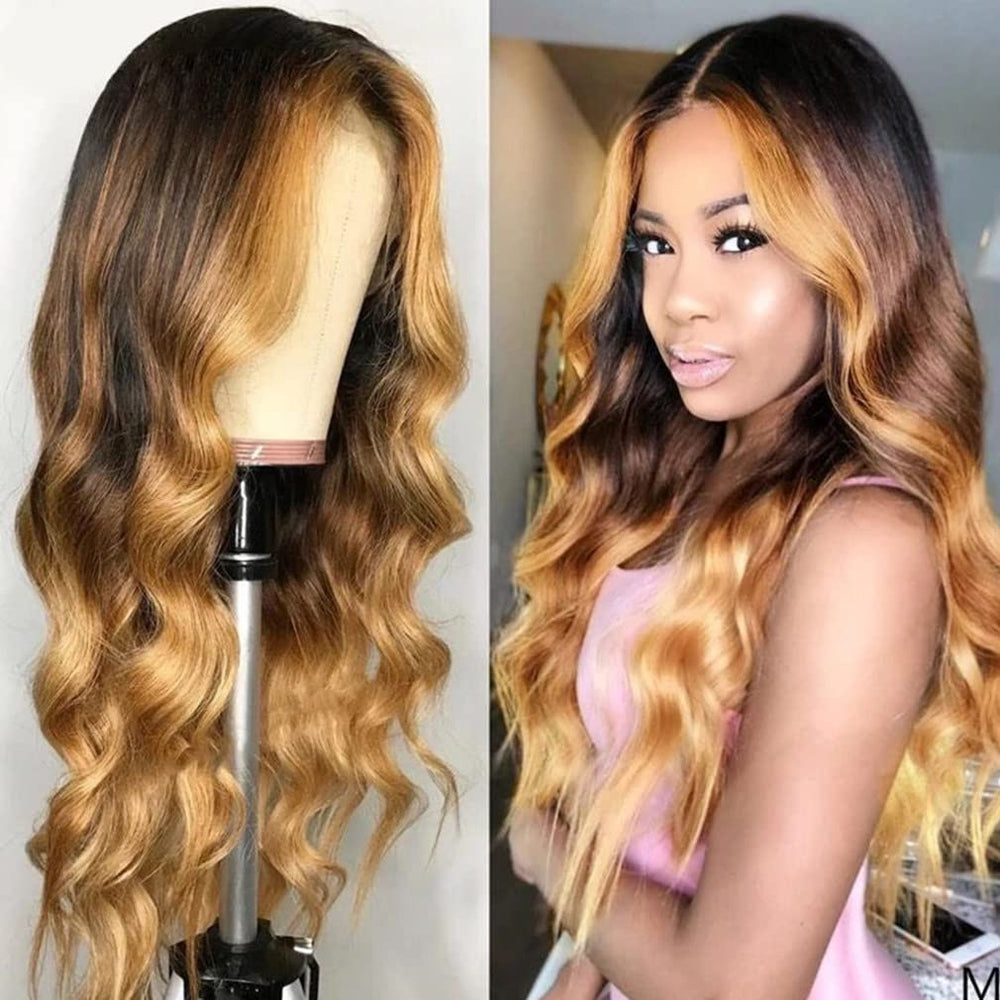 Ombre Honey Blonde Color Lace Frontal Human Hair Wig Body Wave Style