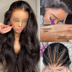
            
                Load image into Gallery viewer, 13x6 Lace Frontal Clear Hairline HD Swiss Lace+Bleached Knots Body Wave Human Hair Wigs
            
        