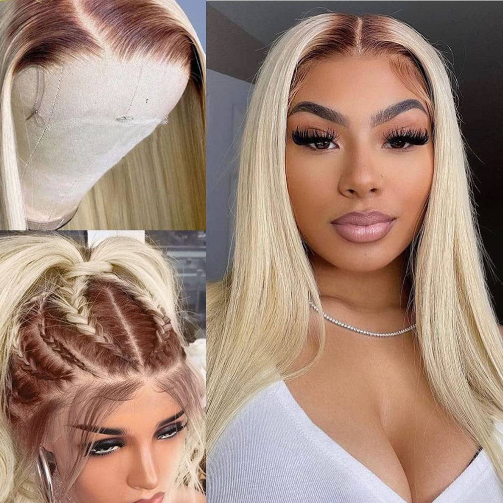 Blonde Straight Ombre #4#613 Transparent Lace Frontal Human Hair Wig