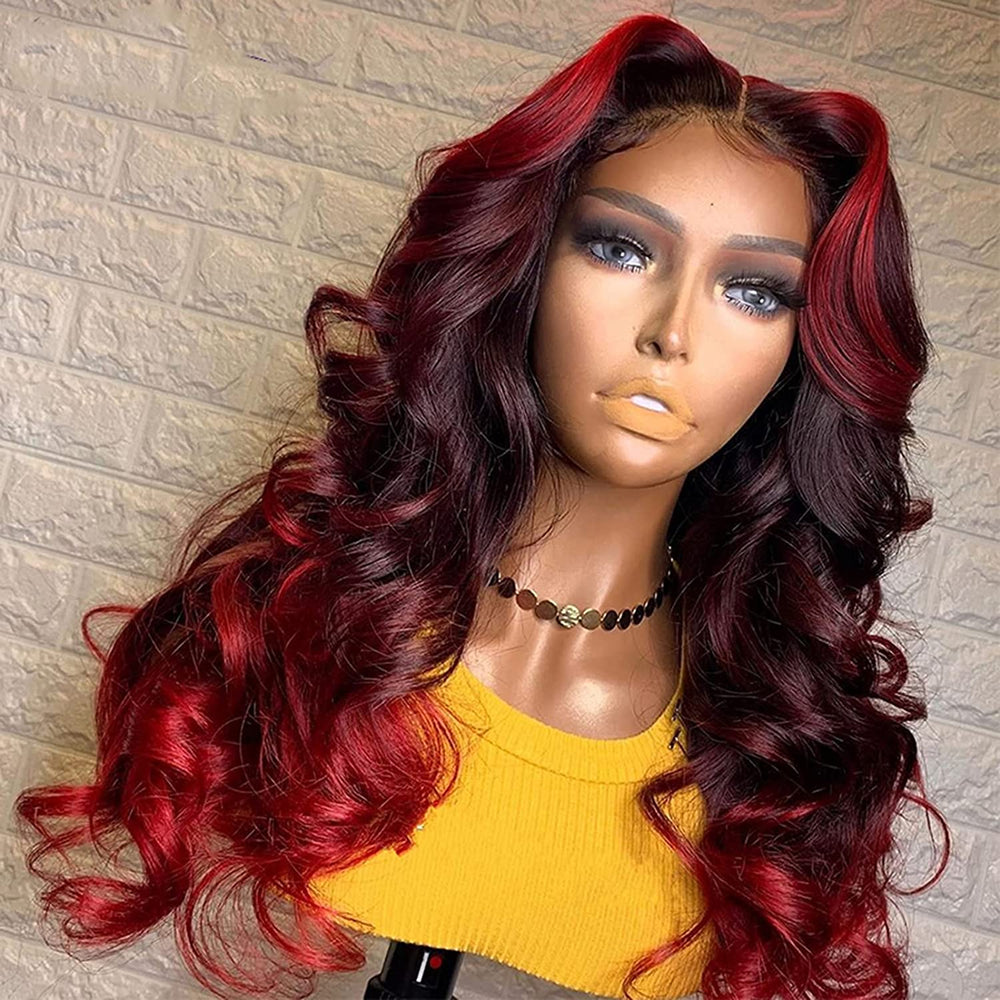 Ombre Red HD Lace Frontal Human Hair Wigs Loose Wave Style