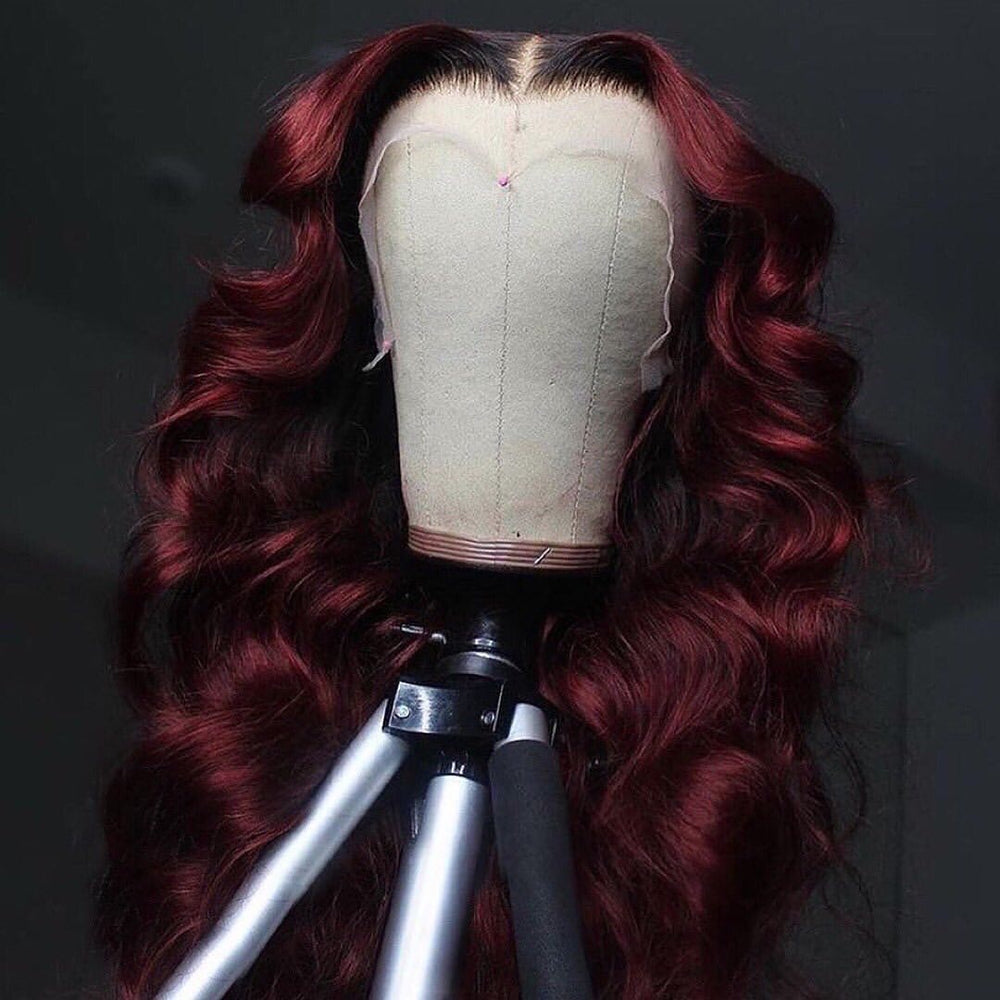 1B Dark Red Lace Frontal Human Hair Wig Body Wave Style