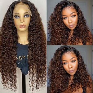Ombre #30 Curly Hair Transparent Lace Frontal Human Hair Wig