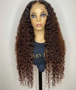 Lace Frontal Human Hair Wig Kinky Curl Style Ombre Brown Color