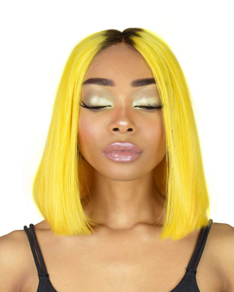 Preplucked 1B/Yellow Color Human Hair Bob Lace Wig | Silky Straight