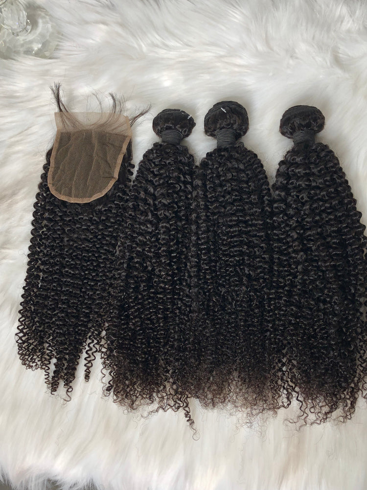 Kinky Curly Hair Weave 3pcs Hair Bundles With 1pc Lace Closure Natural Color