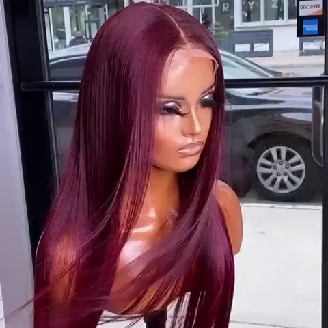 
            
                Load and play video in Gallery viewer, Burgundy Density Silk Straight Human Hair Wigs Glueless Lace Front Hair
            
        