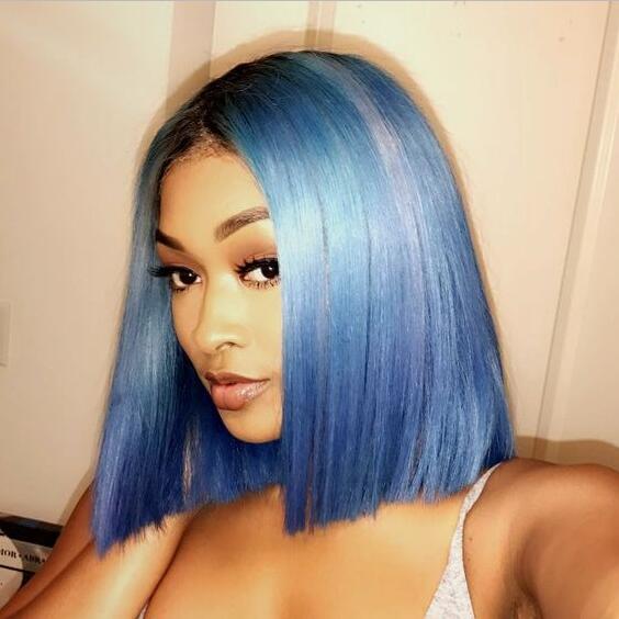 Preplucked Blue Color Human Hair Bob Lace Wig | Silky Straight
