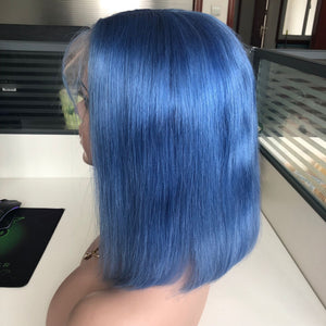 Preplucked Blue Color Human Hair Bob Lace Wig | Silky Straight