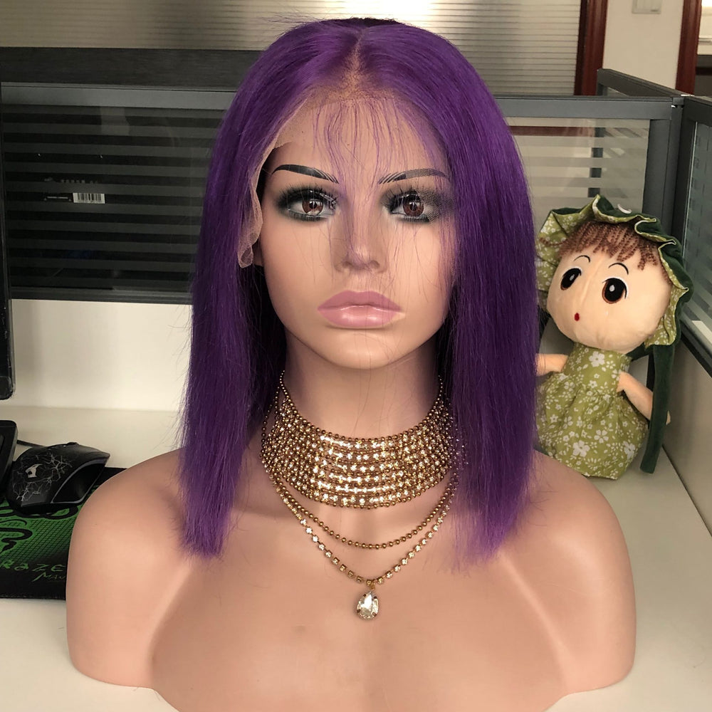 Preplucked Violet Purple Human Hair Bob Lace Wig | Silky Straight