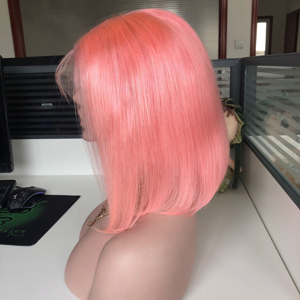 Preplucked Pink Color Human Hair Bob Lace Wig | Silky Straight