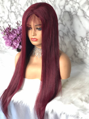 long deep part Straight Lace Front Wig Ombre 1B/99j burgundy Human Hair Wig