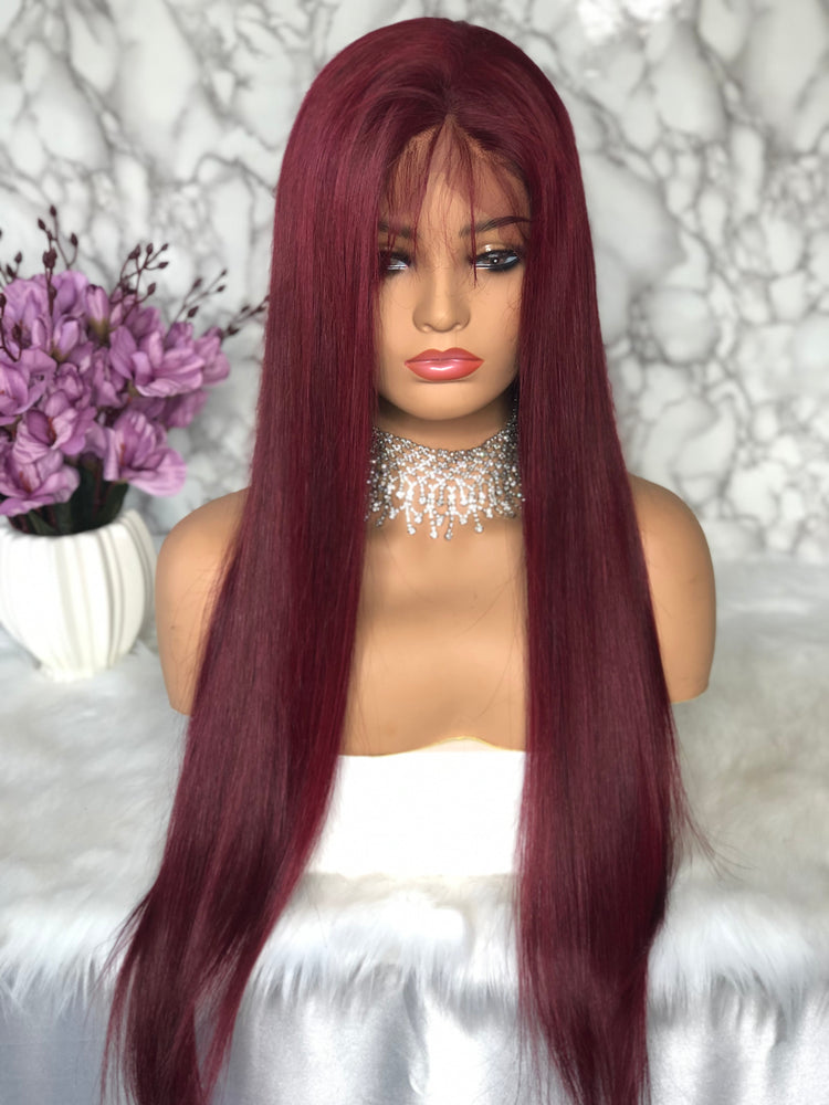 long deep part Straight Lace Front Wig Ombre 1B/99j burgundy Human Hair Wig